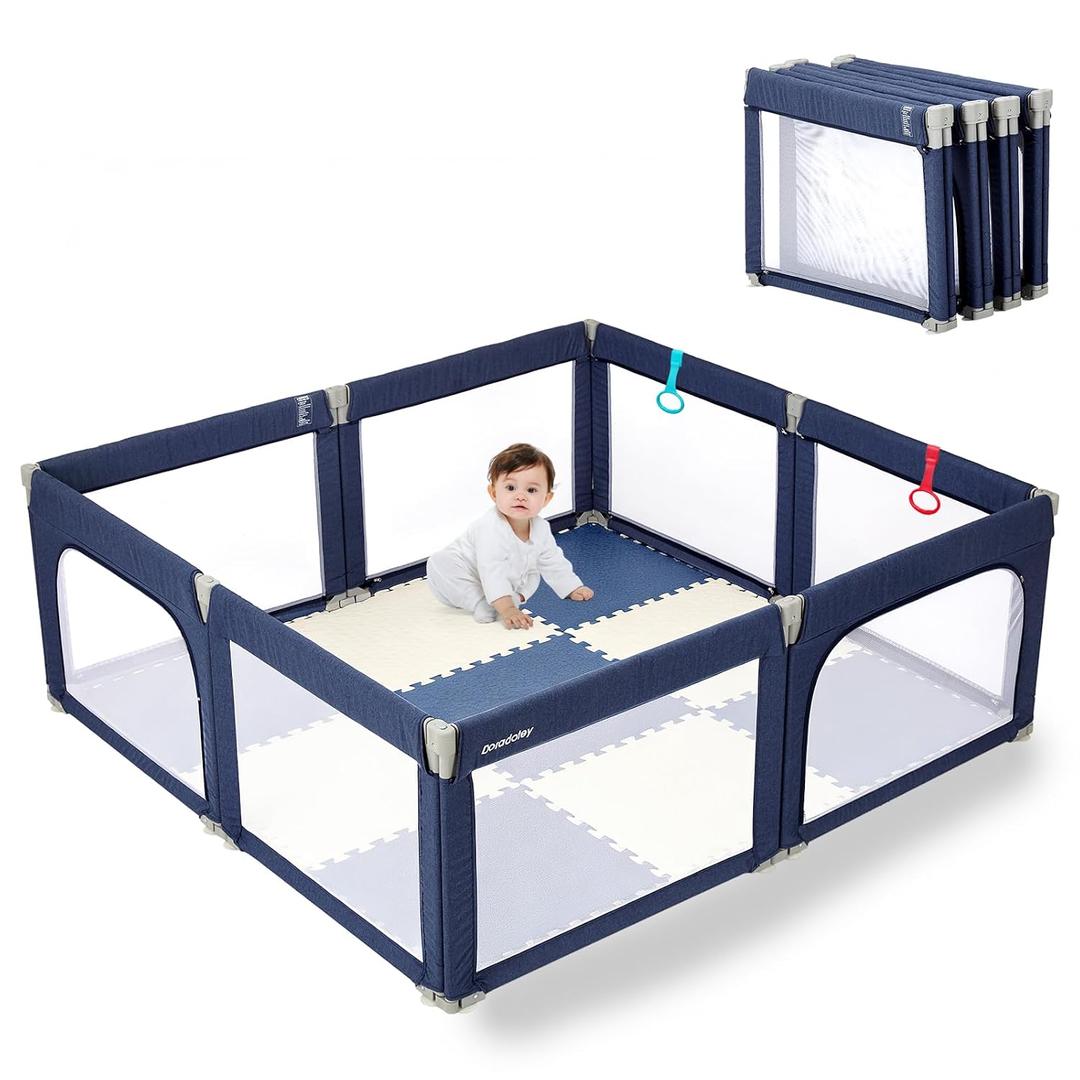 Doradotey Baby Playpen Foldable for Toddlers 1-3, Size and Shape Adjustable Enclosure, 8-Panels Detachable Gate 79x71 Large Indoor Playard, Easy Assembly and Clean, Safety Fence Play Area, Blue