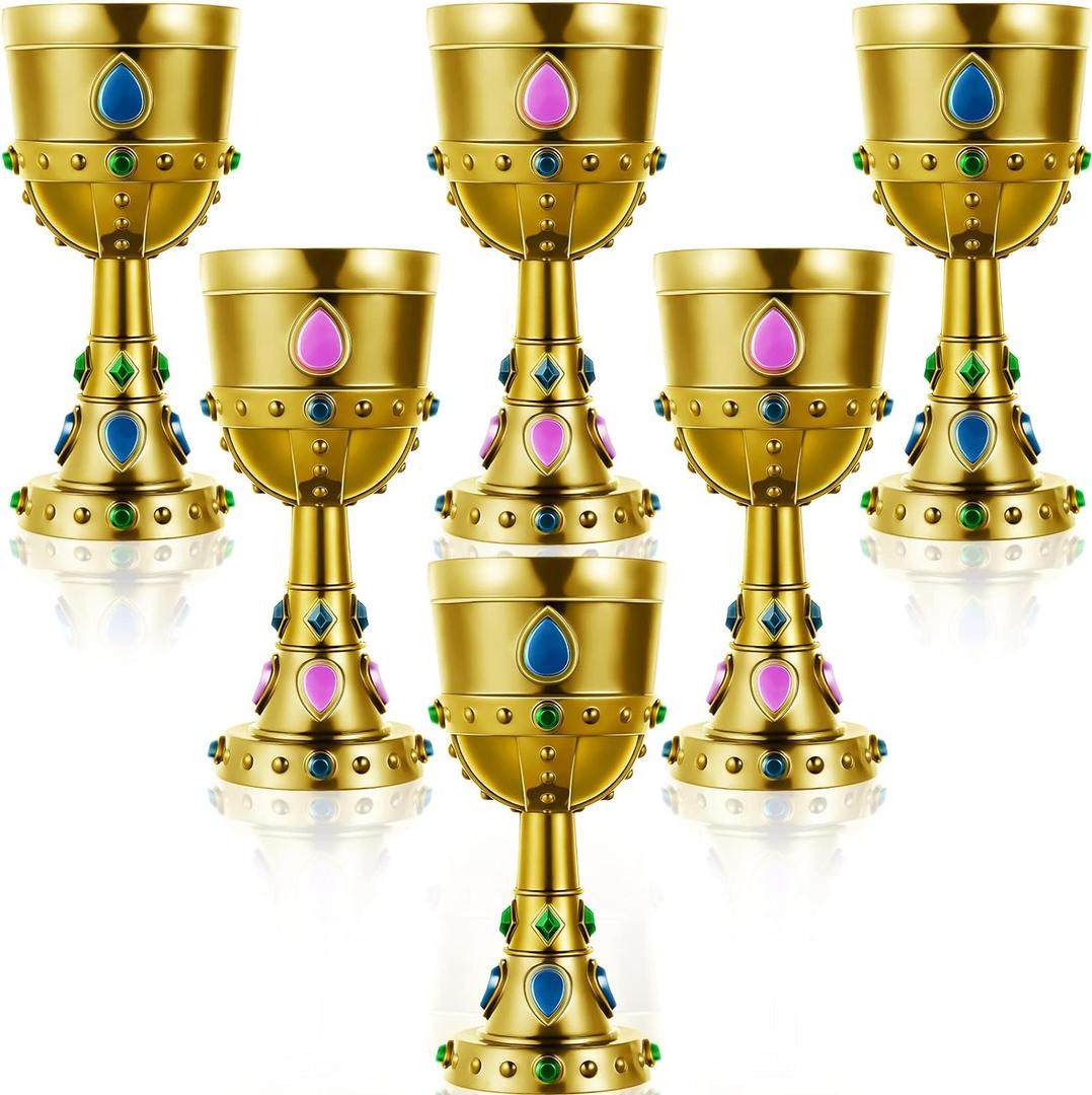 Suclain 6 Pcs Medieval Molded Crown Goblets 8 oz Gold Jeweled chalice Vintage Plastic Goblet King Queen Party Chalice Medieval Party Decorations for Carnival Drinking Supplies