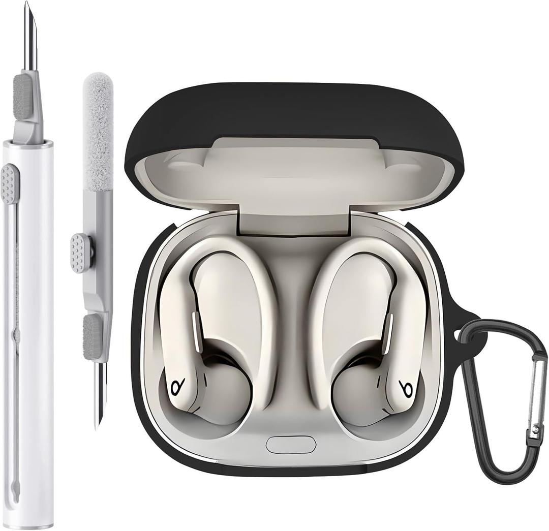 Case Compatible with Powerbeats Pro 2 Earbuds with Cleaner Kit, Soft Silicone Protective Cover for Beats Powerbeats Pro 2 with Carabiner Accessories Keychain (Black)