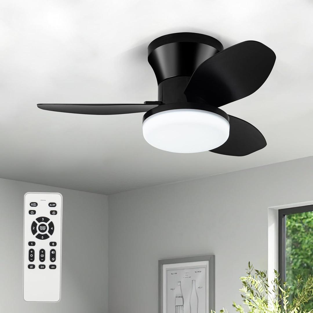 Small Ceiling Fan with Light - 26 Inch Flush Mount Ceiling Fan with Lights and Remote, Low Profile Ceiling Fans with 3 Reversible Blades, 6 Wind Speeds, Black Ceiling Fans for Bedroom