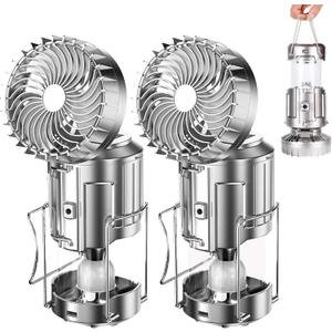 Camping Lantern with Fan, Flashlight Lantern Collapsible-USB Rechargeable, Solar & Battery Powered Camping Lampp for Picnic, Barbecue, Fishing, Travel Rechargeable Emergency Light (2Pack Sliver)