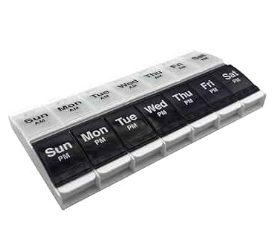 EZY DOSE Push Button (7-Day) Pill Case, Medicine Planner, Vitamin Organizer, 2 Times a Day AM/PM Container, X-Large Compartments, Arthritis Friendly, Effortless Open, Clear Lids, Blue/White, BPA Free