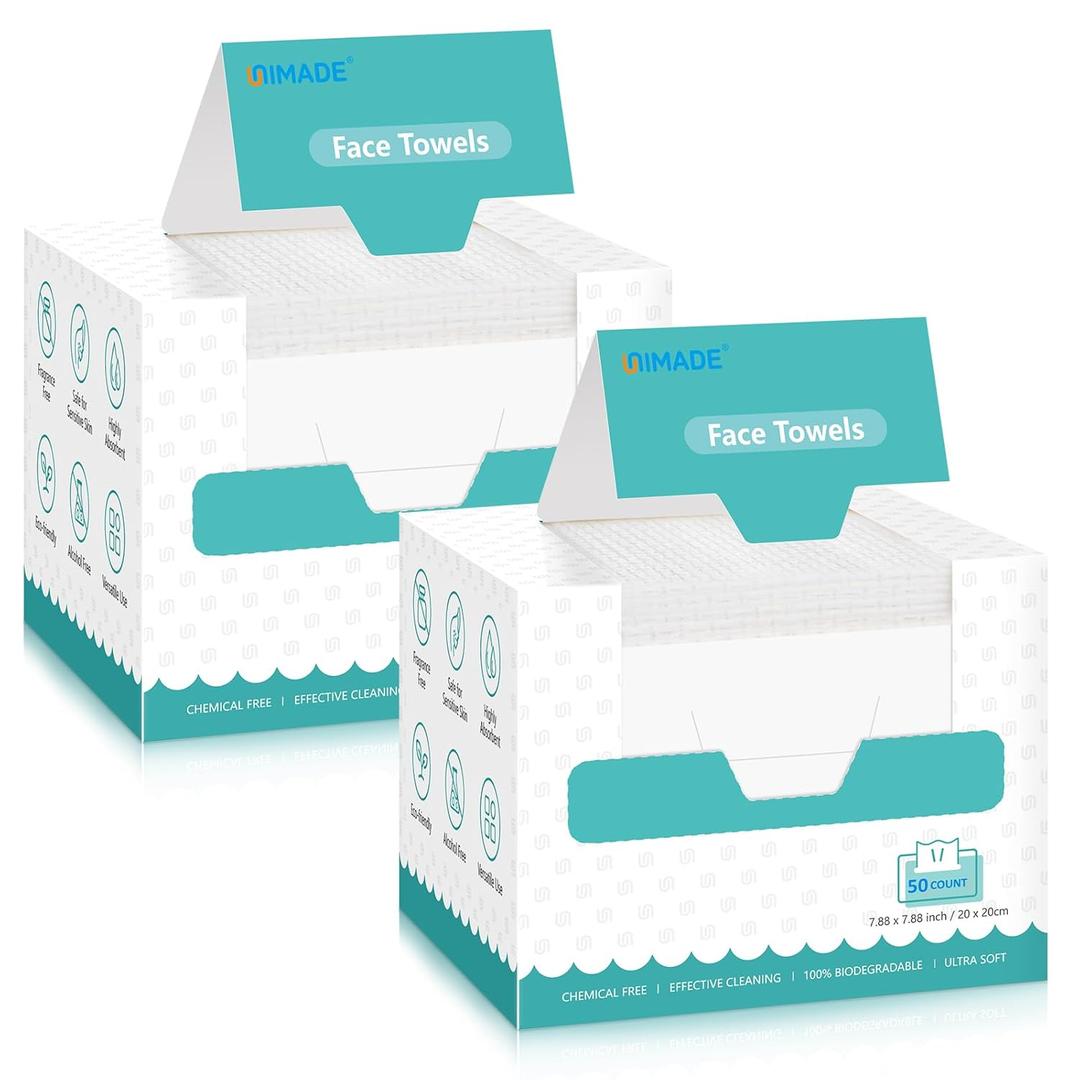 Face Towels, 100 Count Disposable Face Towelette for Washing Face, Skincare, Ultra Soft Facial Towel for Sensitive Skin, Lint-free Makeup Remover Dry Wipes - 2 Box