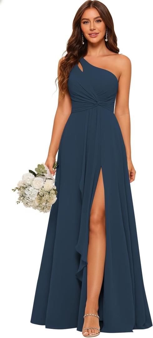 One Shoulder Bridesmaid Dresses for Women Chiffon Ruffles Pleated Long Formal Evening Gown with Slit (Blue), Size: 12