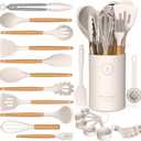 Silicone Cooking Utensils Set - AVGPD Silicone Kitchen Utensils for Cooking Wooden Handles, 446F Heat Resistant Kitchen Utensil Spatula Sets w Holder, Gadgets for Non-Stick Cookware BPA FREE (Khaki)