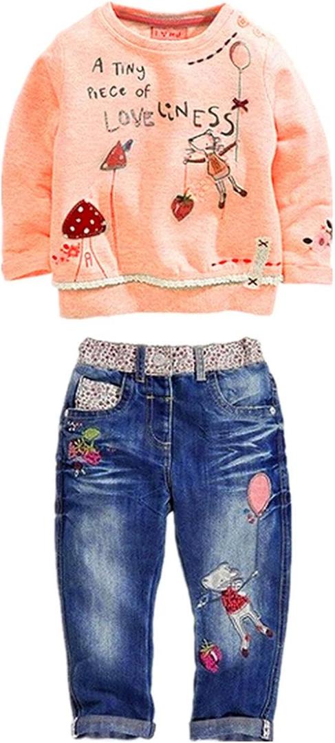 MAXIMGR Toddler Girl Clothes Baby Girl Outfits Cute Long Sleeve Cartoon Top + Jeans Pants Fall Winter Girls Clothing Sets (6 Years, Light Orange)