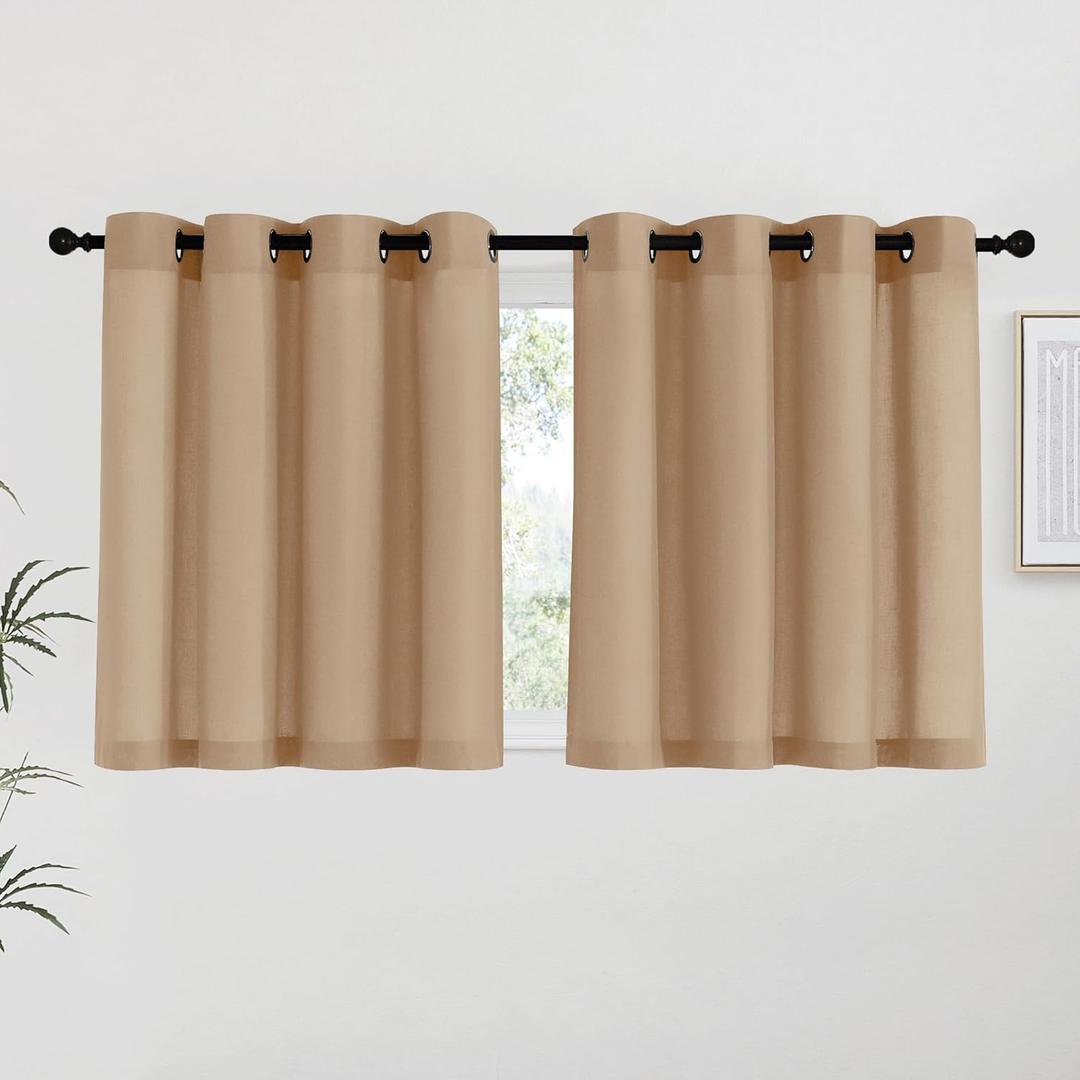 NICETOWN Camel Linen Kitchen Curtains 36 inch Length, Decorative Thick Flax Small Window Treatments Privacy Assured with Light Filtering for Bedroom/Bathroom, W55 x L36, 2 Panels