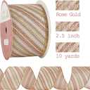 MEEDEE Pink Diagonal Striped Ribbon 2.5 Inch Blue Satin with Rose Gold and Champagne Glitter Wired Ribbon for Christmas Tree, Garlands, Wreaths, Topper Bow (10 Yards)