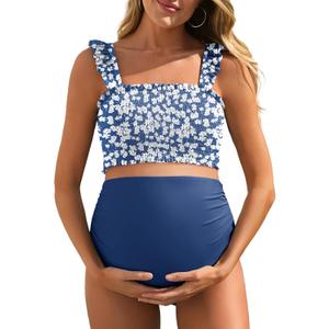 Summer Mae Maternity High Waist Bikini Swimsuit Two Piece Ruffled Hem Cute Bathing Suit Floral Pregnancy Swimwear (X-Large, Red Scrawlflower)