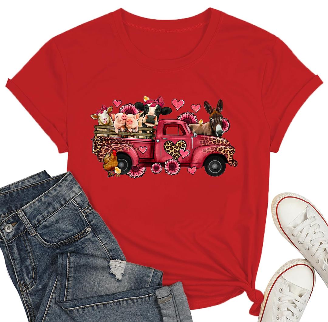 Valentines Shirts for Women Valentine Day Cute Leopard Truck Graphic Women Tee Love Heart Graphic Tops