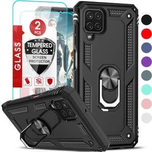 LeYi for Samsung Galaxy A12 Phone Case, Samsung A12 Phone Case with [2 Pack] Glass Screen Protector Replacement, Military-Grade Shockproof Magnetic Ring Stand Cell Android Case Cover A 12 5G, Black