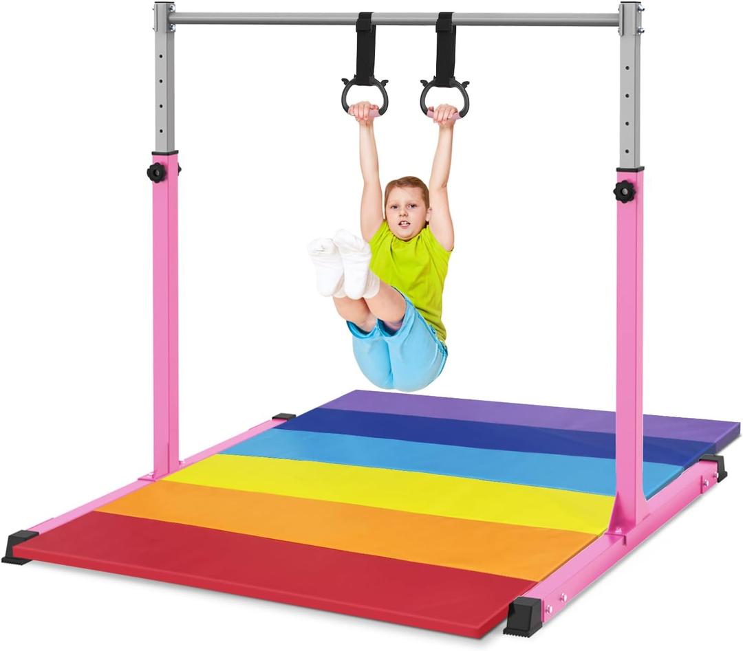 Safly Fun Gymnastics Bar for Kids Ages 3-15 for Home - Steady Steel Construction, Anti-Slip, Easy to Assemble, 3' to 5' Adjustable Height (Pink with Mat)