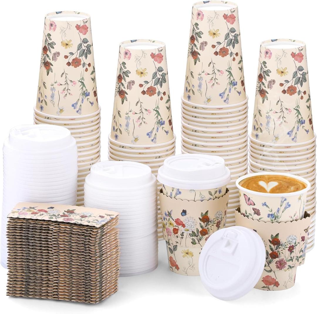 60 Pack Vintage Floral Coffee Cup with Lids Sleeves, 12oz Spring Insulated To Go Coffee Cup Tea Party Cups Disposable Wildflower Paper Cups for Mother's Day Wedding Birthday Baby Shower Party Supplies