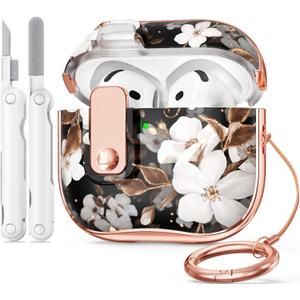 for Apple AirPod 4 Case 2024 with Lock,Clear TPU Floral AirPod 4th Generation Cases for Women Girly, iPod 4 Case with Keychain & Cleaner Kit- Black Gold Flower