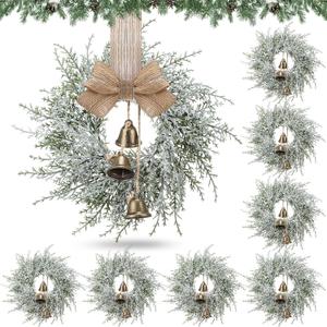 Civaner 8 Pcs Small Christmas Wreath Real Touch 10 Inch Christmas Kitchen Cabinet Wreaths with Bell Mini Wreaths Rustic Farmhouse Decoration for Xmas Front Door Window Home Table Pillar Decor