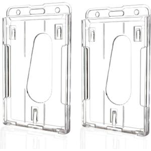 Teskyer Hard Plastic ID Badge Holder, Heavy Duty & High Clear PC Material, Holds 2 Cards, Suitable for Name Work IDs Credit Cards Access Cards, Vertical - 2 Pack