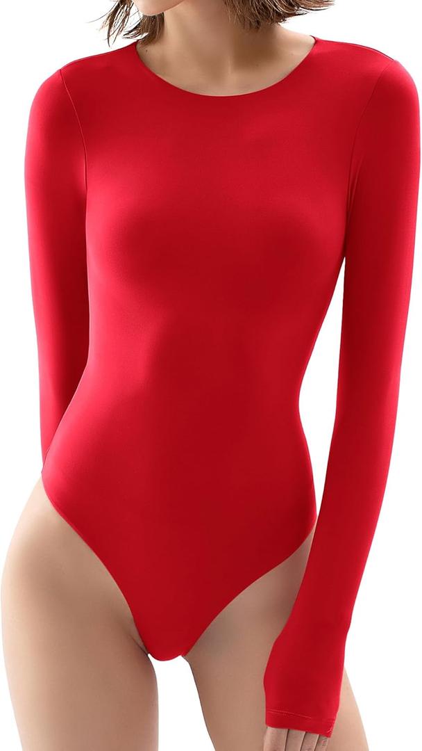 PUMIEY Long Sleeve Bodysuit For Women Sexy Crew Neck Tops Body Suits Womens Fashion Red Bodysuits, Ruby, Small