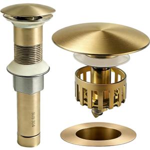 Bathroom Sink Drain, Without Overflow, Pop up Sink Drain Stopper with Strainer Plug for Vessel Sink Lavatory Vanity, SUS 304 Stainless Steel, Brushed Gold