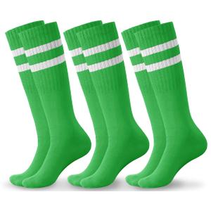 Haloumoning 3 Pairs Boys Soccer Athletic Socks Kids Striped Football Knee High Uniform Sports Tube Socks 4-15 Years (S)