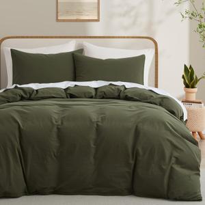 LOVQUE Olive Green Cotton Duvet Cover Queen Size, Linen Like Natural Bedding Set with Zipper Closure (No Comforter), 90x90 Inches