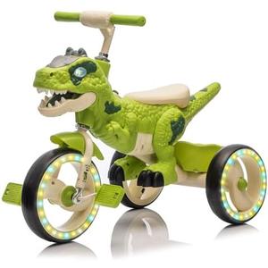 Dinosaur Kids Tricycle for Rider, Toddlers Kid Trike Bike Big Wheel with Wide Flash Wheels, Anti-Slip Pedals, Storage Basket, Music & LED Lights, Kids Bike for 3-6 Year Old Girls & Boys (Green)