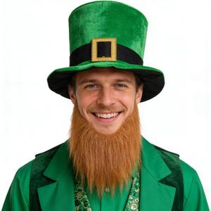 St Patricks Day Hat Beard Green Irish Velvet Top Hat Leprechaun Costume Suit Leprechaun for Party Favor Accessories Adults (Green)