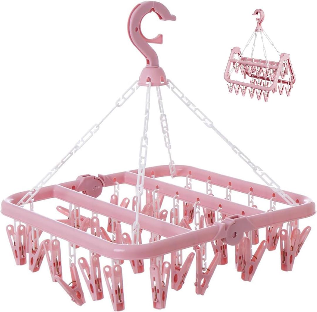 Clothes Drying Rack with 32 Clips, Foldable Hanging Rack, 360 Rotatable Hook for Drying Socks Baby Clothes Towels Gloves(Light Pink)