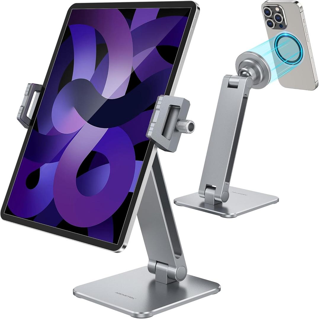 AboveTEK 2-in-1 Phone & iPad Stand, Magnetic iPad Stand with Clamp, Aluminum Tablet Holder for Desk, 360 Rotation, Suction Base, Professional for Office, Fit for Phones & 9.713" Tablets, Gift for Him, Gray