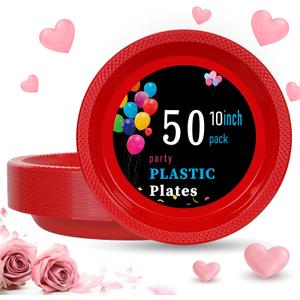 WELLIFE Red Plastic Plates 10 Inch 50 Count Disposable Plate for Party Valentines Day Plates, Large Big Plate for Dinner Party Supplies Birthday Camping BBQ Baby Shower
