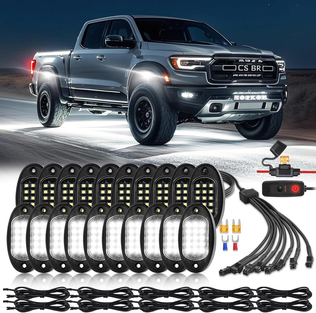 20 Pods Pure White LED Rock Lights with Extension Wires, IP67 Waterproof 6500K Super Bright White Underglow Kit for Semi Truck Sedans Trailer Offroad Pickup RV Vans Bus Under Car Lighting