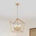 6-Light Gold Chandelier，Modern Ceiling Light Farmhouse Lantern Light Fixtures with Industrial Metal Cage Adjustable Height Kitchen Chandelier for Entryway Hallway Foyer Bedroom