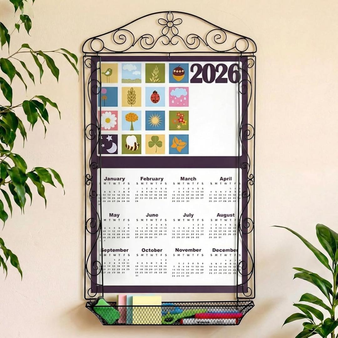 Zonon Wrought Iron Wall Display Organizer Metal Calendar Holder with Basket 18 x 32 Inches Multi Purpose Wall Mounted Holder Vertical Poster Hanger for Canvas Artwork Diamond Painting Display(Flower)