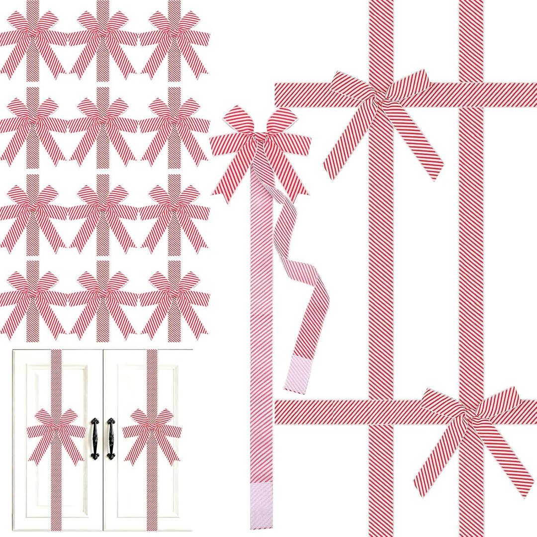 Crowye 14 Pcs Large Valentine's Day Cabinet Bow for Kitchen Door Ribbon Bow Valentine Door Wreath Festival Wrapping Decorations for Tree Kitchen Fireplace Home Front Party(Striped,Red)