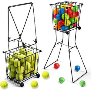 Portable Pickleball Tennis Ball Collector with Wheel, 90 Tennis Balls Capacity, Pickleball Retriever Basket Carrier Gatherer Picker Hopper Container for Picking and Storage Training Tool for Ball