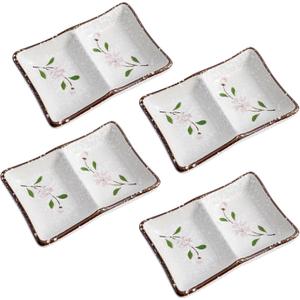 Dual Dipping Bowls Ceramic Dual Soy Sauce Dish 5.25 Inch Japanese Style Sushi Sauce Cups Divided Salsa Bowls 2 Compartments Appetizer Serving Tray Dipping Plates for Kitchen (4Pack, Pink Sakura)