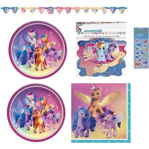 My Little Pony Birthday Party Supplies Bundle Pack for 16 includes 16 Plates, 16 Napkins, 1 Happy Birthday Banner, 1 Dinosaur Sticker Sheet