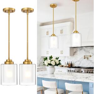 TENGXIN Modern Pendant Light,6-in Brushed Gold Modern Pendant Light for Kitchen Island,Hanging Ceiling Light Fixture,Farmhouse Pendant Lighting for Dining Room Bedroom Bar Office 2Pack,TXPLBG02-2PK-L, Brushed Gold, Dual Glass, 6", 2