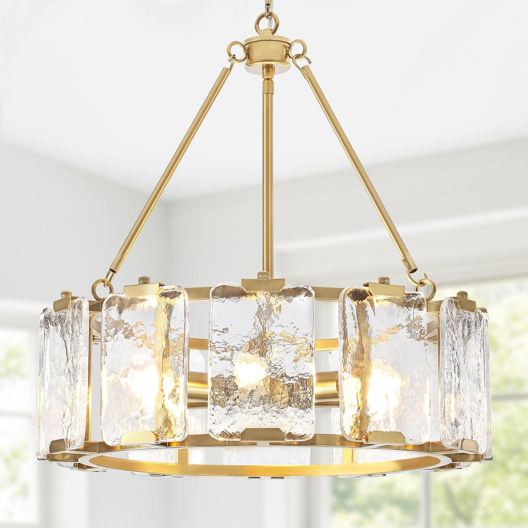 6 Lights Modern Brushed Gold Chandelier, 18.19" Textured Glass Drum Chandeliers for Dining Room Over Table, Hanging Light Fixture for Kitchen Island Living Room Foyer Entryway Bedroom, UL Listed