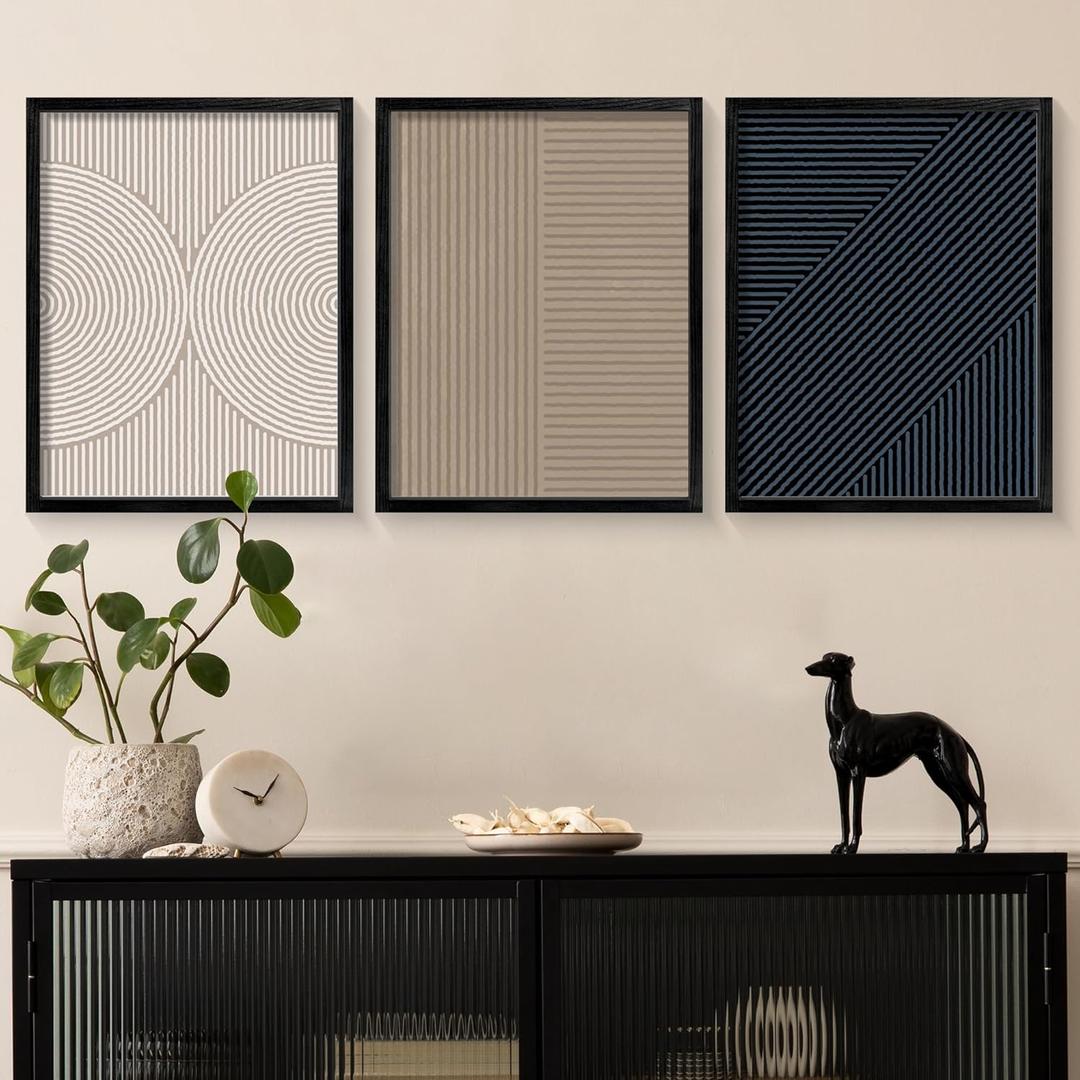 Ronasip Set of 3 Simple Line Print, Minimalist Wall Art, Contemporary Home Decor Modern Wall Art Modern Neutral Abstract Printable Wall Art (Black, 12x16 inch, Framed)