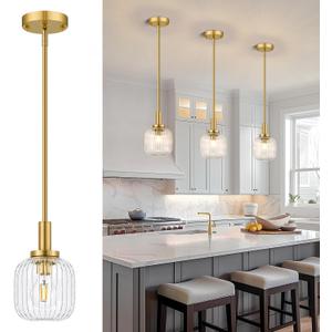 Osimir Brushed Gold Pendant Lights Kitchen Island, 1-Light 5.9" Modern Glass Pendant Light with Clear Glass and Rods, Mini Hanging Lighting for Kitchen Sink Bathroom Bedroom, OS-YQ7749-1PBG