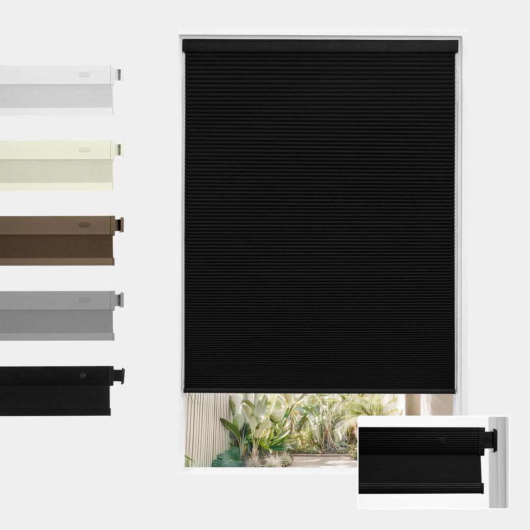 Boolegon No Drill Blackout Cellular Window Shades,Black,26" W x 48" H