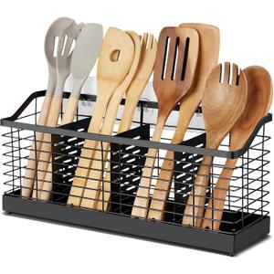 Large Stainless Steel Utensil Holder for Kitchen Counter, 4 Compartment Organizer for Cutlery, Forks, Knives, Spoons, Cooking Tools, Durable & Rustproof Cooking Utensils Storage Rack