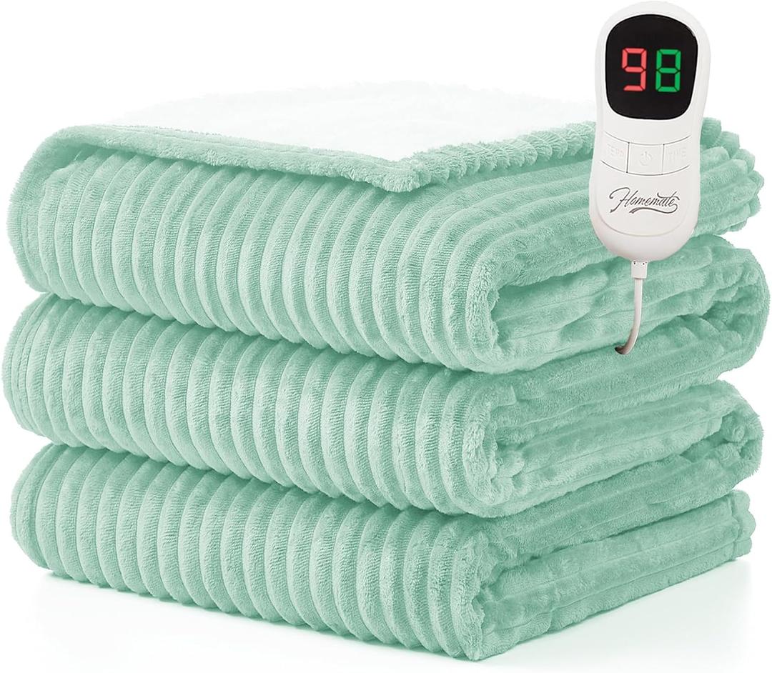 Homemate Heated Blanket Electric Throw - 50"x60" Heating Blanket Throw 1/2/4/6/8 Hours Auto-Off 10 Heat Levels Over-Heat Protection Soft Flannel Sherpa ETL Certification (14 - Lichen (Striped))