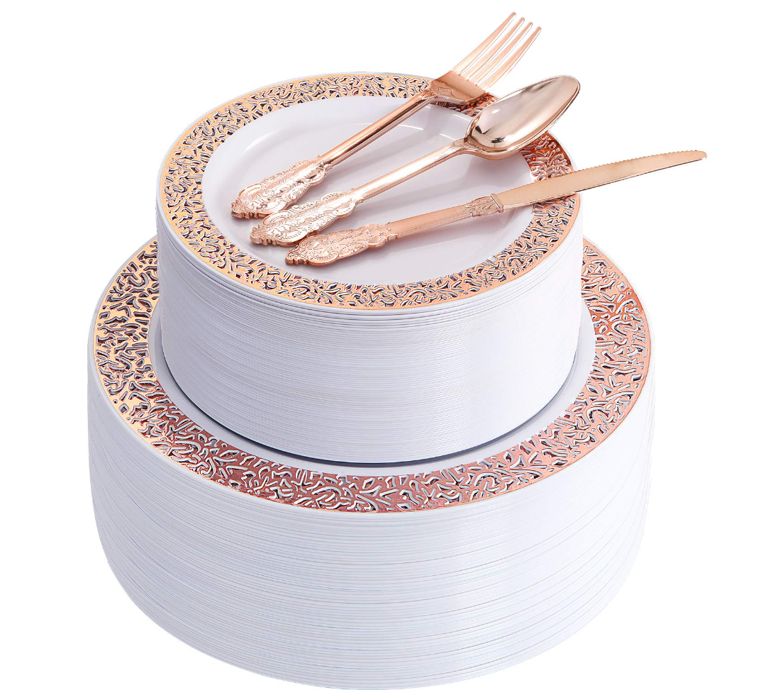 Supernal 300pcs Rose Gold Plastic Dinnerware Set, Including 60 Dinner Plates, 60 Salad Plates, 60 Forks, 60 Knives, 60 Spoons
