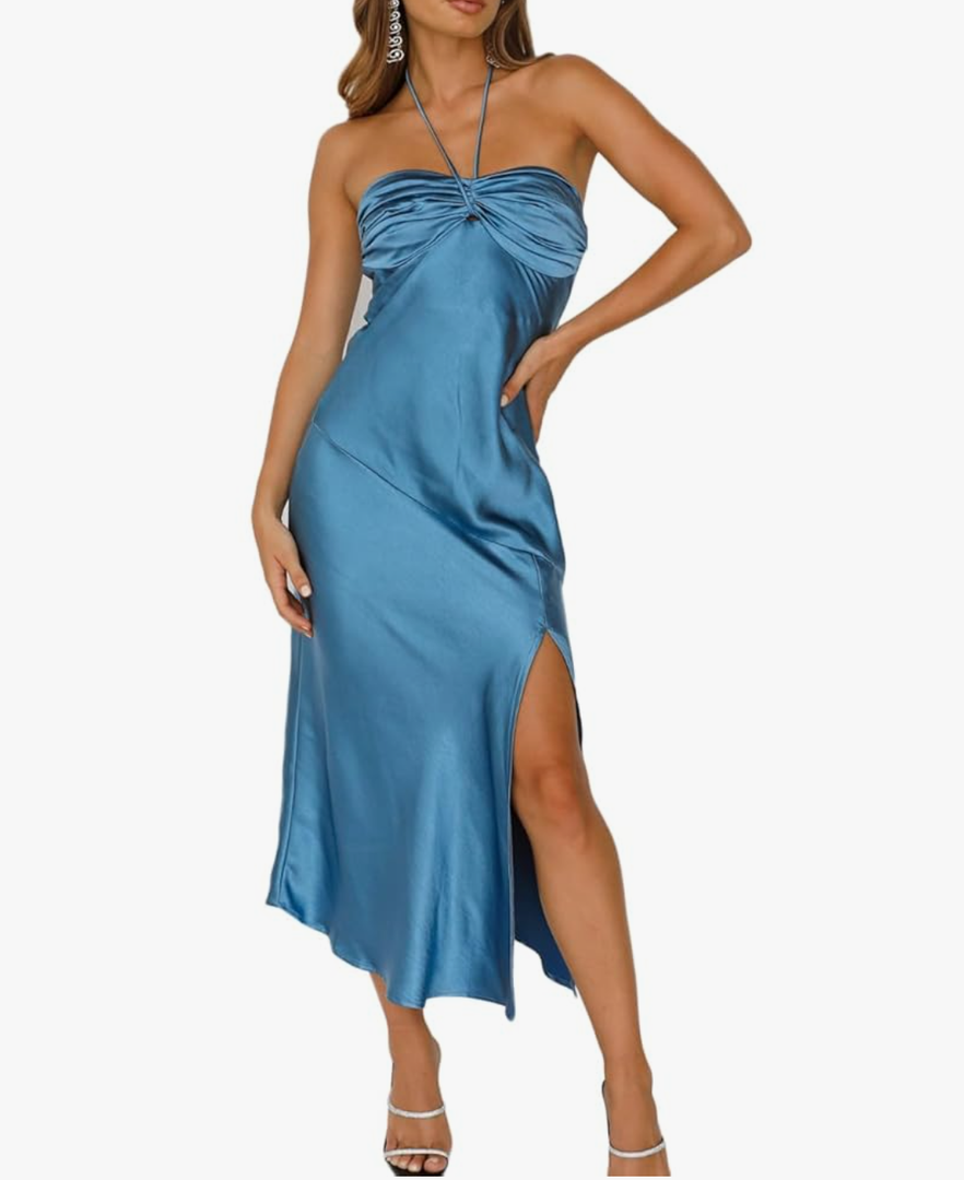 2024 Summer Satin Tube Tops Slit Wedding Guest Dress for Women Elegant Sexy Strapless Halter Neck Midi Dresses, Blue, L