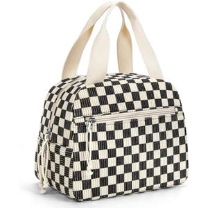 Corduroy Lunch Bag for Women - Small Insulated Lunch Box, Cute Reusable Tote Bag for Work, Daily Commute and Outdoor Picnic - Corduroy Black Checkered Pattern