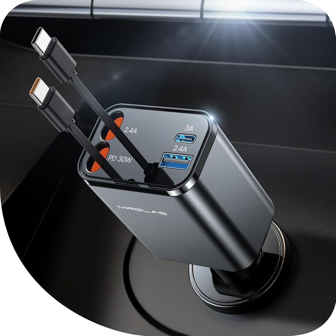 MRGLAS Retractable Car Charger for iPhone 17, 69W 4 in 1 USB C Car Charger Fast Charging with Type C Cable Cigarette Lighter Adapter for iPhone 17 16 Pro Max Samsung S25 iPad, Valentine's Day Gifts