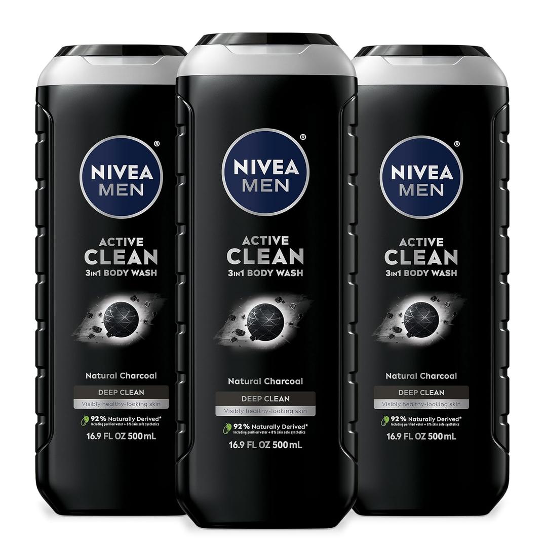 NIVEA Men Active Clean Body Wash with Natural Charcoal for Normal to Oily Skin, 3-in-1 Charcoal Body Wash, Face and Hair, Draws Out Dirt and Impurities, 16.9 Fl Oz Bottle, Pack of 3