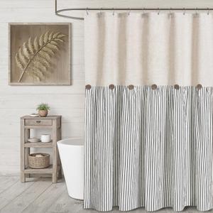 Farmhouse Shower Curtain Linen Button Woven Fabric Country Rustic Western, Pleated Black Stripe 72" W x 72" L