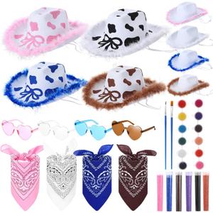 Suncalla 4 Sets DIY Easter Cowboy Hats Western Rodeo Hats with Feathers, Bandana, Heart Sunglasses Paint Glitter for Adult
